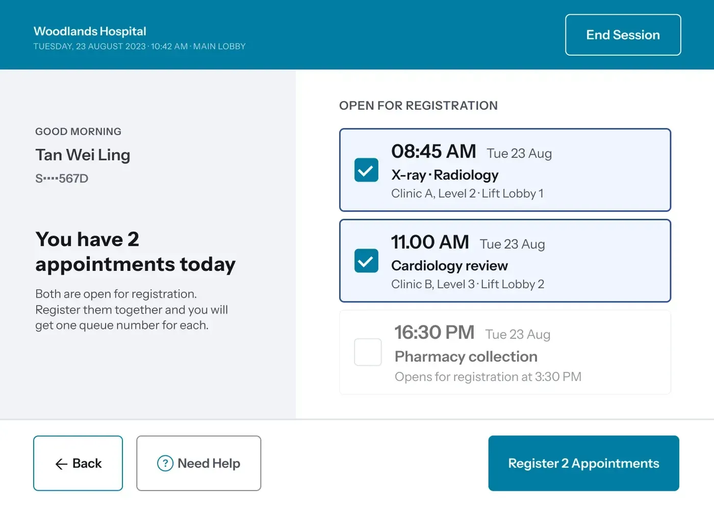 A kiosk screen headed You have 2 appointments today, listing an 8:45 AM X-ray at Clinic A and an 11:00 AM Cardiology review at Clinic B both ticked and open for registration, and a 4:30 PM pharmacy collection greyed out with a note that it opens for registration at 3:30 PM, above a Register 2 Appointments button