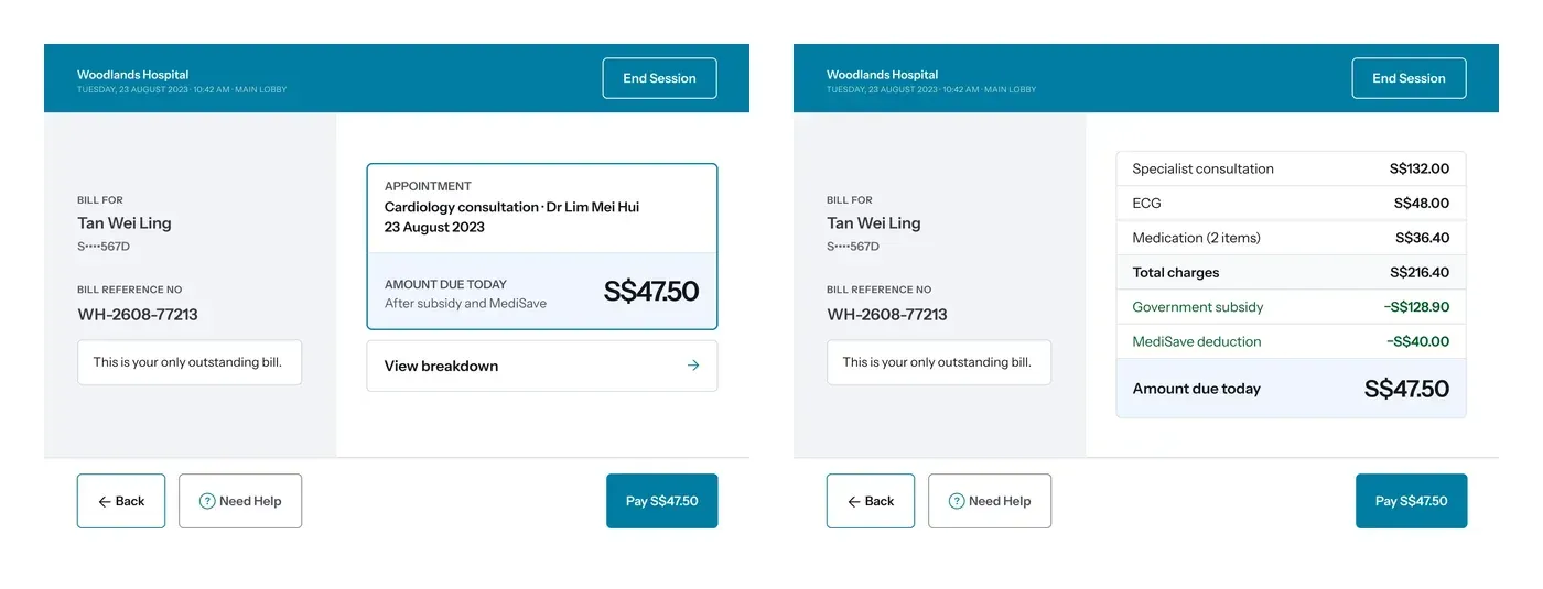 Two kiosk screens side by side: a bill summary showing the appointment, the amount due of forty seven dollars fifty after subsidy and MediSave, with a View breakdown link; and the itemised breakdown showing specialist consultation, ECG and medication charges totalling two hundred and sixteen dollars forty, less government subsidy and MediSave deduction, leaving the same amount due