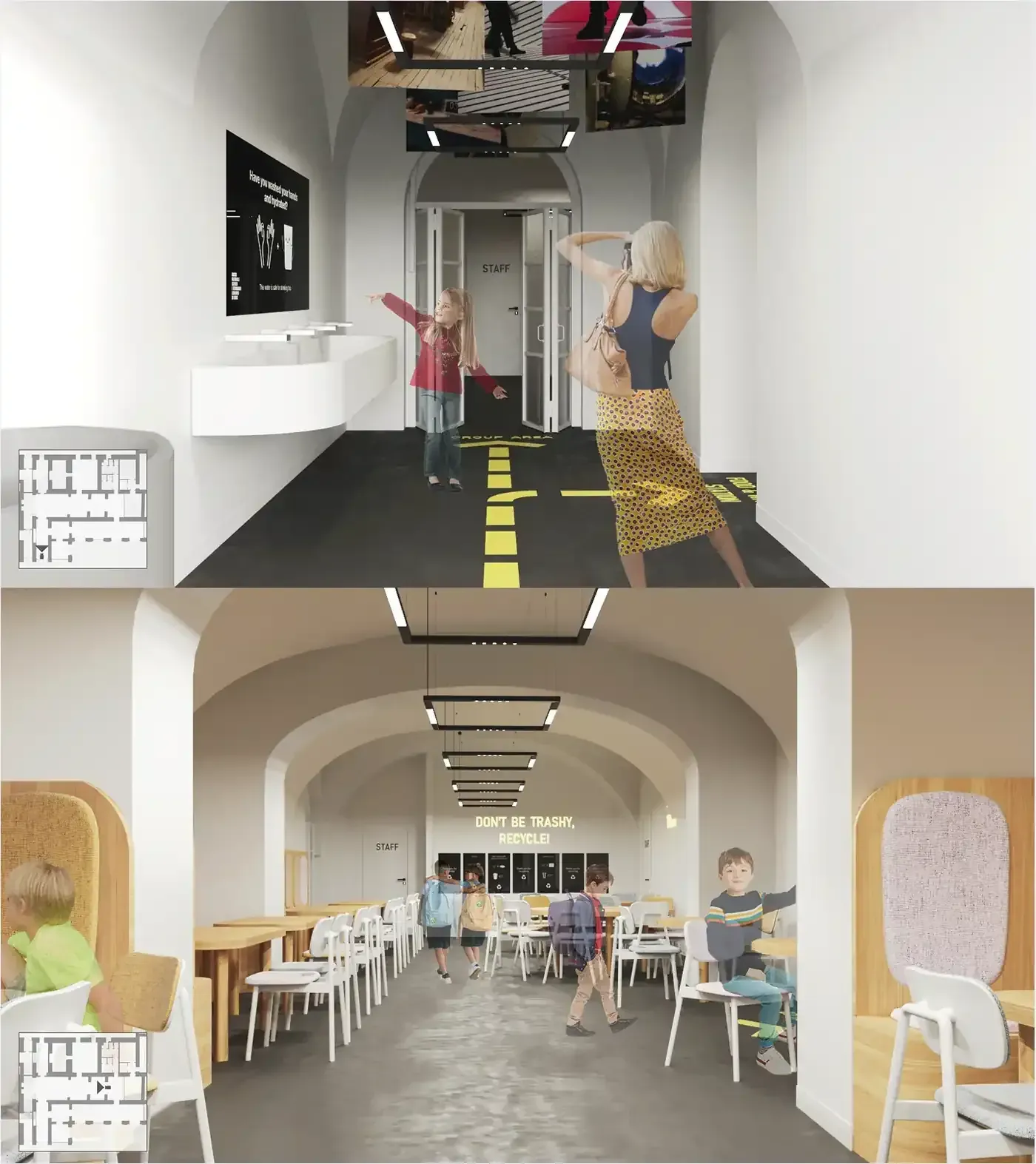 Two renders of the proposed picnic area. Above, a child and an adult at a curved communal basin beneath a screen asking have you washed your hands and hydrated, with yellow floor markings reading group area and adult seating. Below, a long vaulted hall with upholstered booth alcoves along the walls, wooden shared tables and individual tables, school children moving through, a bank of recycling bins and the words don't be trashy, recycle painted in yellow