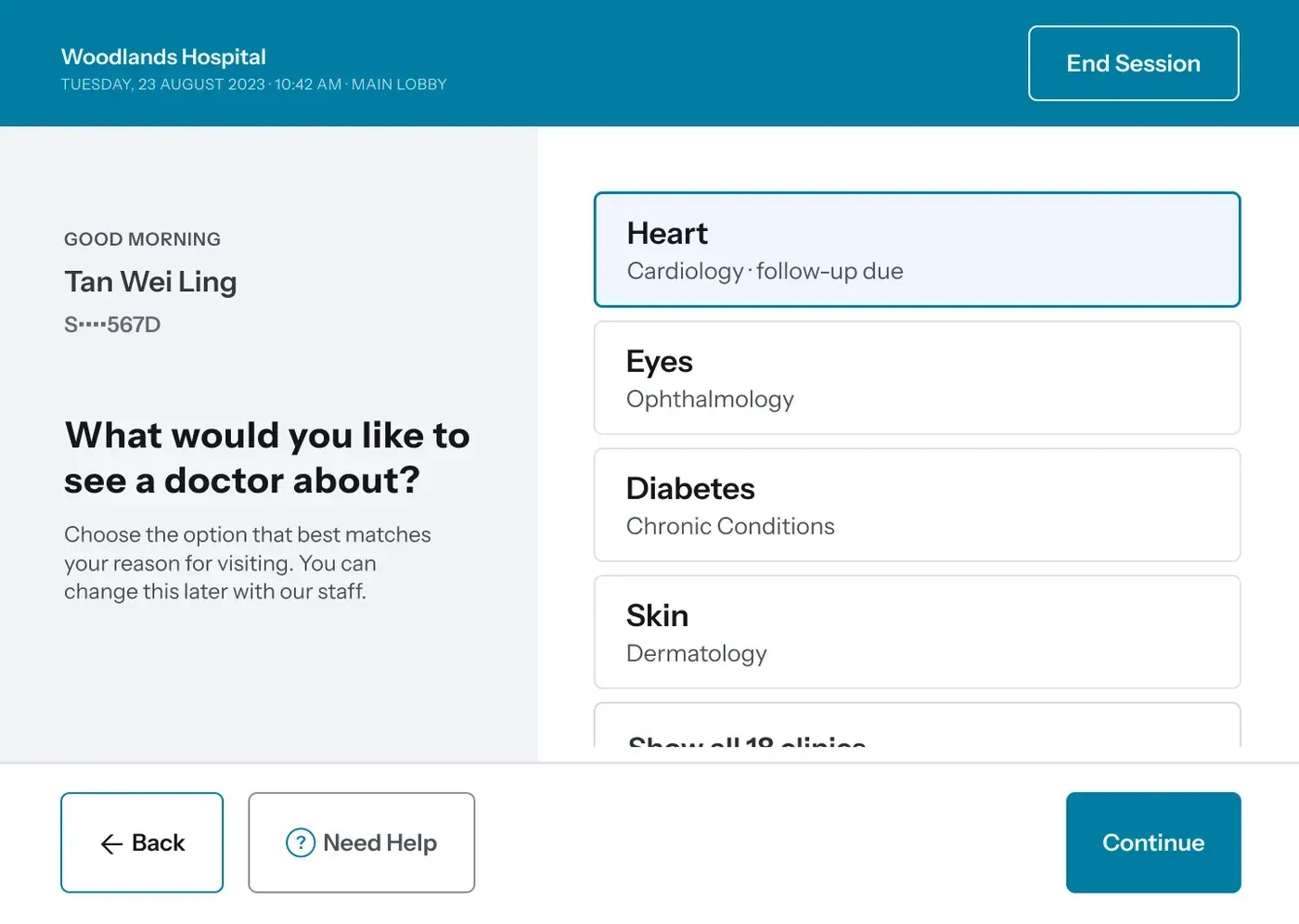 A kiosk screen headed What would you like to see a doctor about, with options listed as Heart with Cardiology and follow-up due, Eyes with Ophthalmology, Diabetes with Chronic Conditions, and Skin with Dermatology, above a link to show all 18 clinics