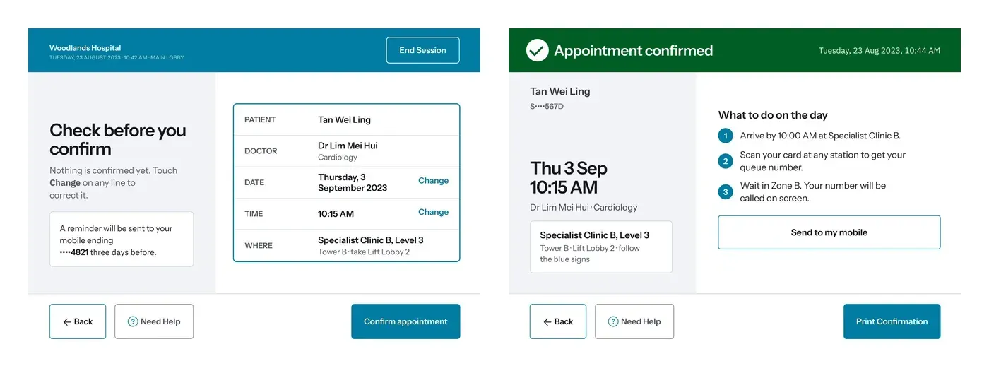 Two kiosk screens side by side: Check before you confirm, with patient, doctor, date, time and location laid out as rows with Change links on the date and time, and a note that a reminder will be sent to a mobile number ending 4821; and Appointment confirmed on a green header with the date and time in large type, the clinic location, and three numbered steps for what to do on the day