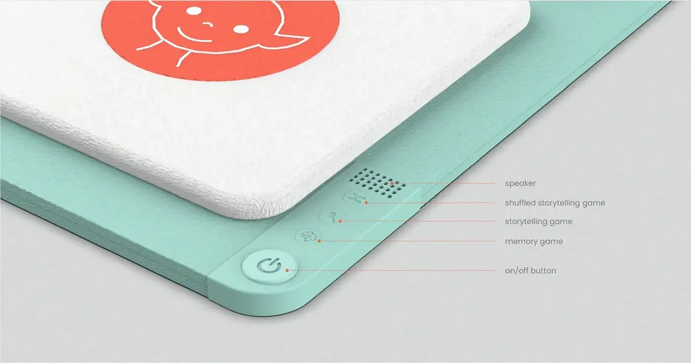 A close render of one corner of the HOPE mat, showing a white fabric tile with a red speech-bubble icon lying on the mint foam base, and a control strip along the edge with a speaker grille and four labelled elements: shuffled storytelling game, storytelling game, memory game and an on and off button
