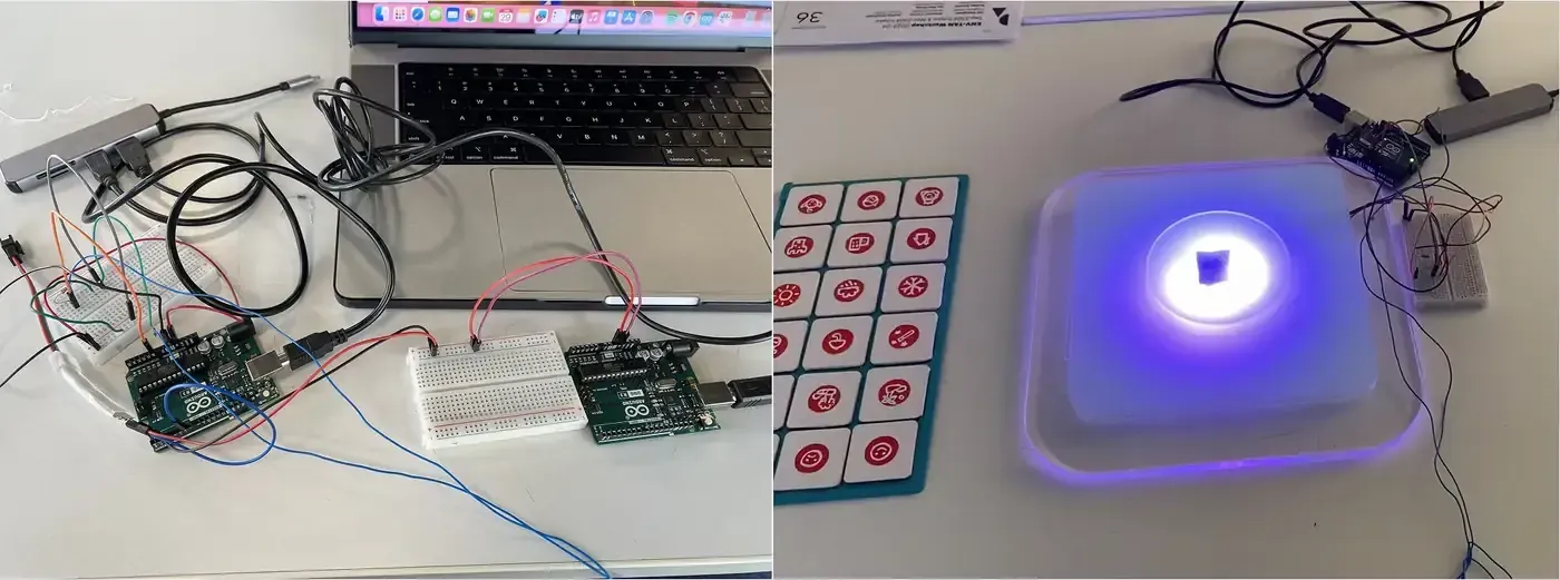 Two photographs of the electronics, an Arduino Uno and a second board wired across two breadboards on a desk beside a laptop, and a single one-to-one scale acrylic tile lit from within and glowing violet, wired to an Arduino, with a smaller one-to-five scale icon board beside it