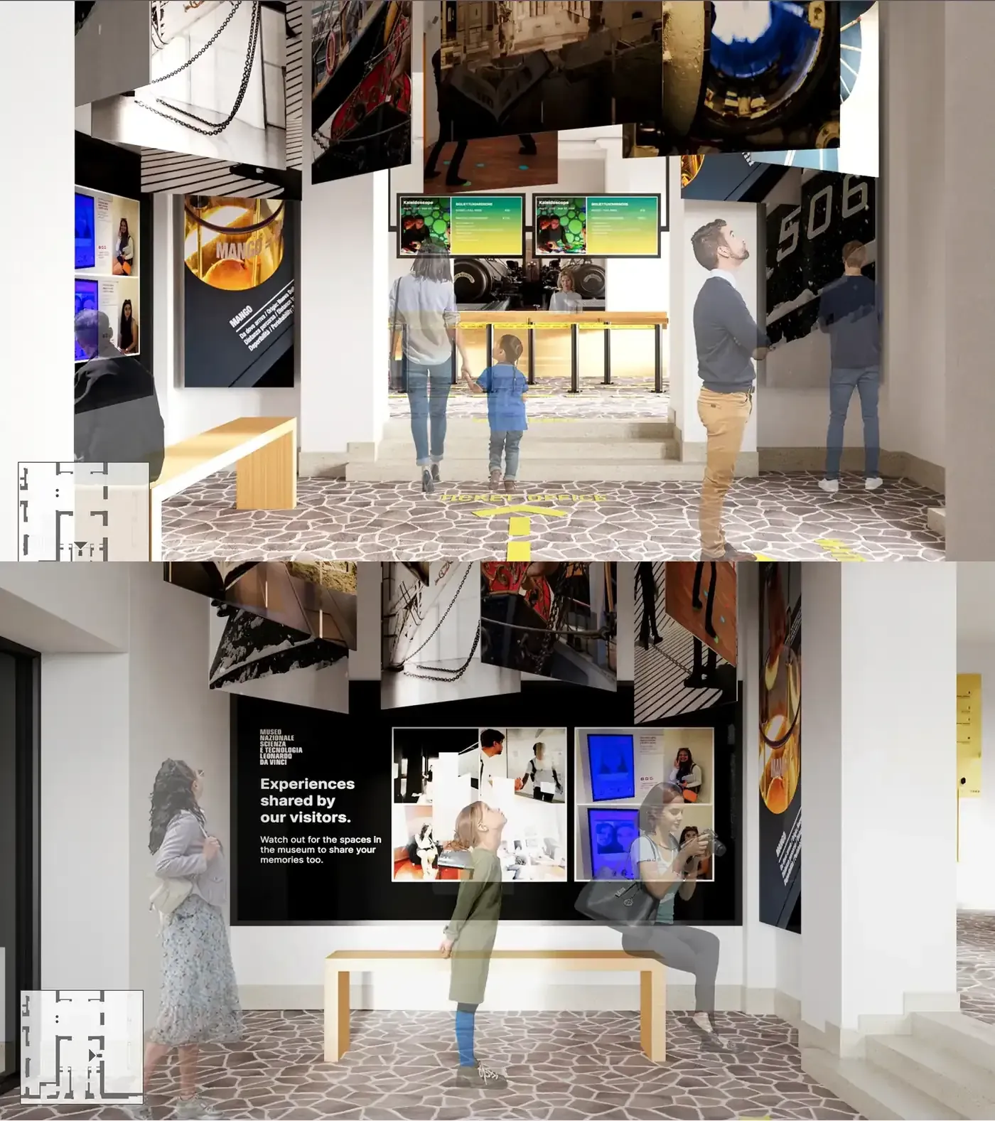 Two renders of the proposed entrance. Above, visitors walking towards the ticket office beneath suspended panels showing exhibition photographs, with the words ticket office painted on the floor in yellow with an arrow. Below, a wall headed Experiences shared by our visitors carrying photographs of people in the museum, with a bench in front of it and a child looking up at the suspended panels