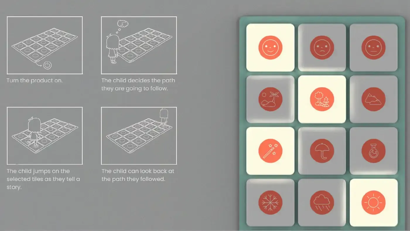 A storyboard of the memory path game in four line-drawn panels, turn the product on, the child decides the path they are going to follow, the child jumps on the selected tiles as they tell a story, the child can look back at the path they followed, beside a photograph of the tile grid with a diagonal run of tiles glowing pale yellow