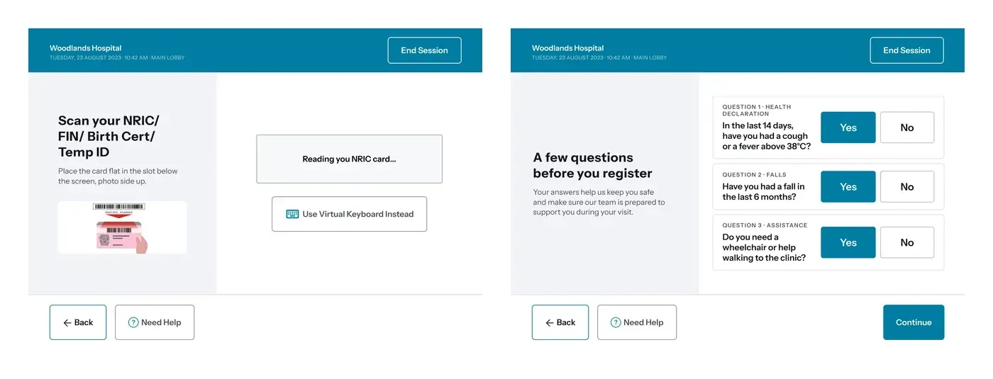 Two kiosk screens side by side: Scan your NRIC, FIN, Birth Cert or Temp ID with an illustration of a card being placed in the scanner slot and a Use Virtual Keyboard Instead fallback; and A few questions before you register with three yes or no health declaration, falls and assistance questions