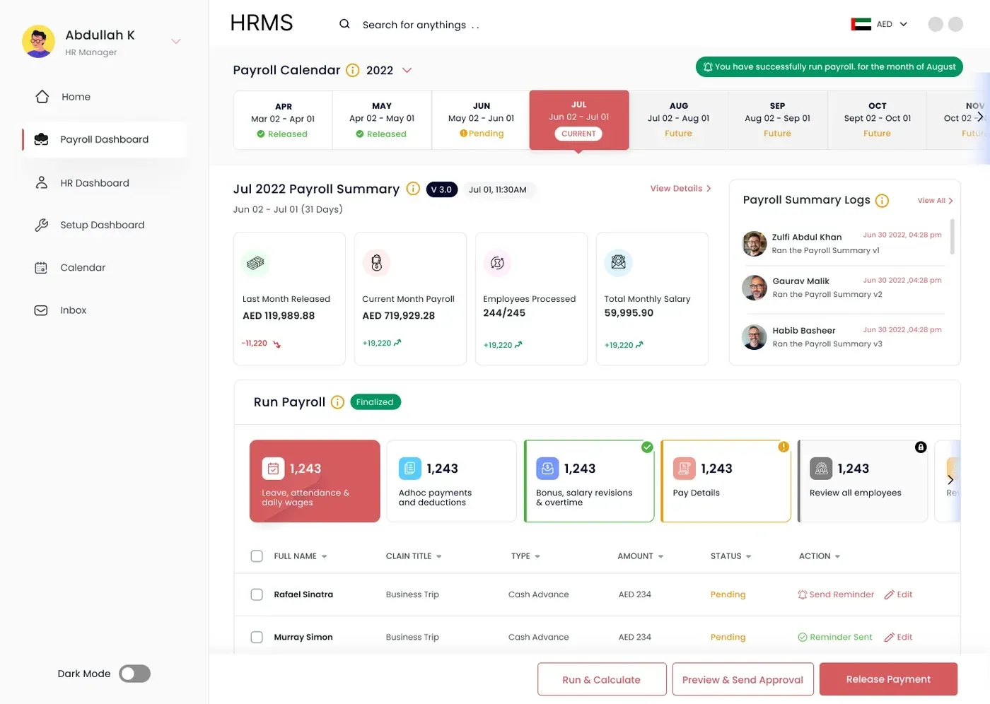 An earlier redesign of the payroll dashboard, still on the original navigation: a payroll calendar of month tiles marked Released, Pending, Current and Future, a payroll summary with four figures beside a payroll summary logs panel, a Run Payroll strip of processing stages, and three actions fixed to the foot of the page