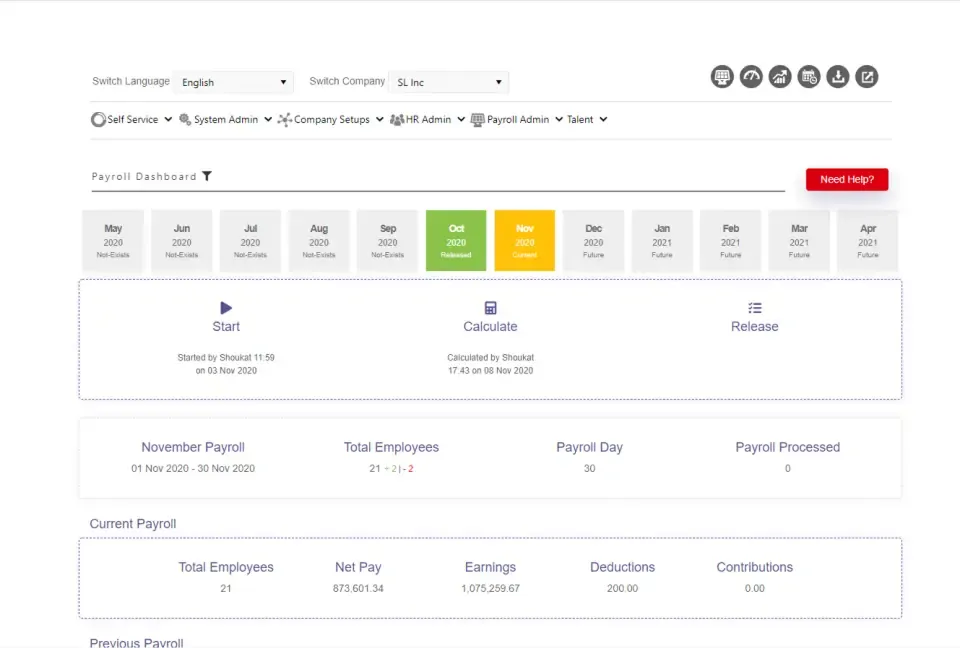 The legacy payroll dashboard: a header with language and company switchers above six administrative menus, twelve month tiles labelled Not-Exists, Released, Current and Future, a dashed panel holding Start, Calculate and Release with timestamps beneath them, and stacked panels headed November Payroll, Current Payroll and Previous Payroll