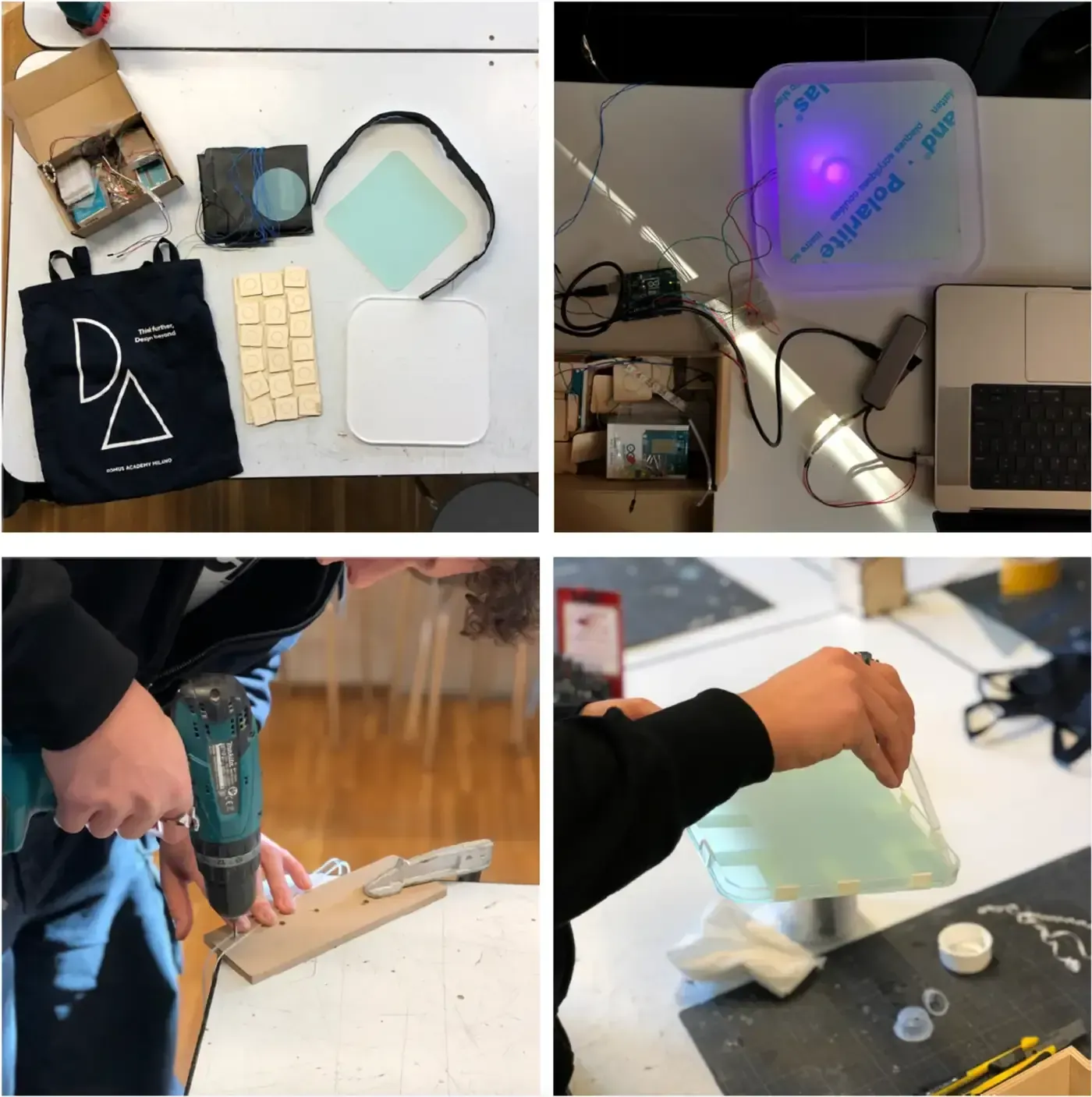 Four workshop photographs, components laid out on a bench including electronics, foam tiles, mint and clear acrylic panels and a Domus Academy tote bag, an acrylic square glowing violet while wired to an Arduino, a student drilling a jig with a cordless drill, and hands assembling the layered acrylic tile stack