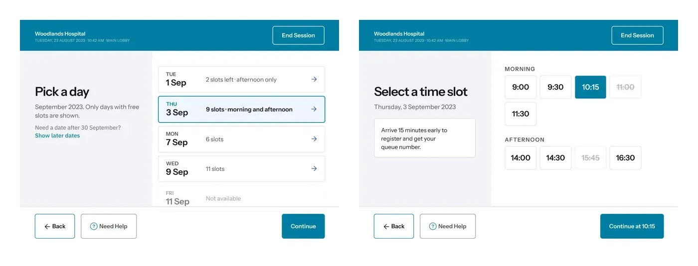 Two kiosk screens side by side: Pick a day, listing September dates with the number of slots left on each and one date marked not available, plus a link to show later dates; and Select a time slot, showing morning and afternoon times as large buttons with two struck through as unavailable