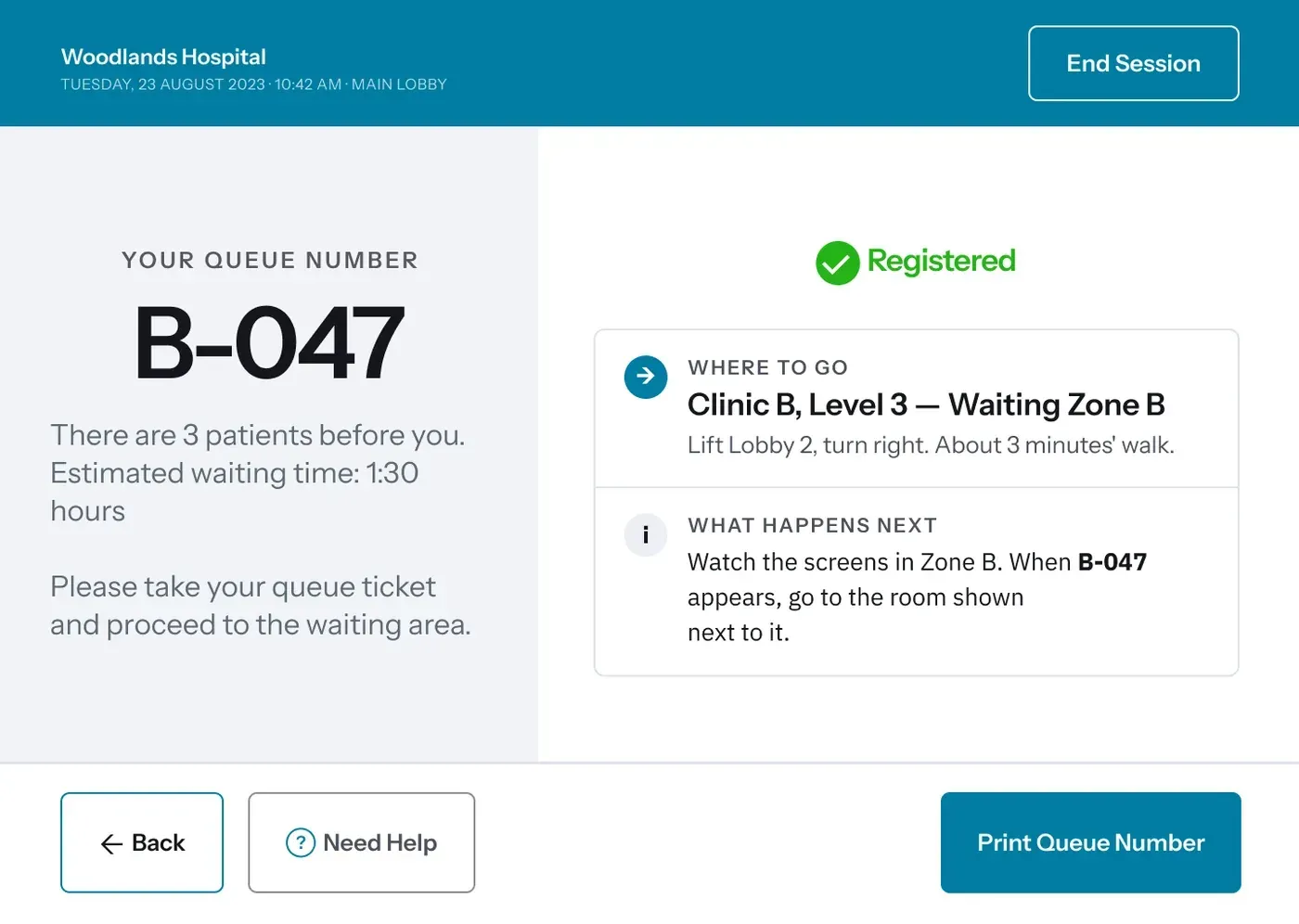 A kiosk confirmation screen showing queue number B-047 in very large type, three patients ahead and an estimated wait of one and a half hours, beside a Registered tick, directions to Clinic B Level 3 Waiting Zone B via Lift Lobby 2 with a three minute walk, and an explanation that the number will appear on the screens in Zone B